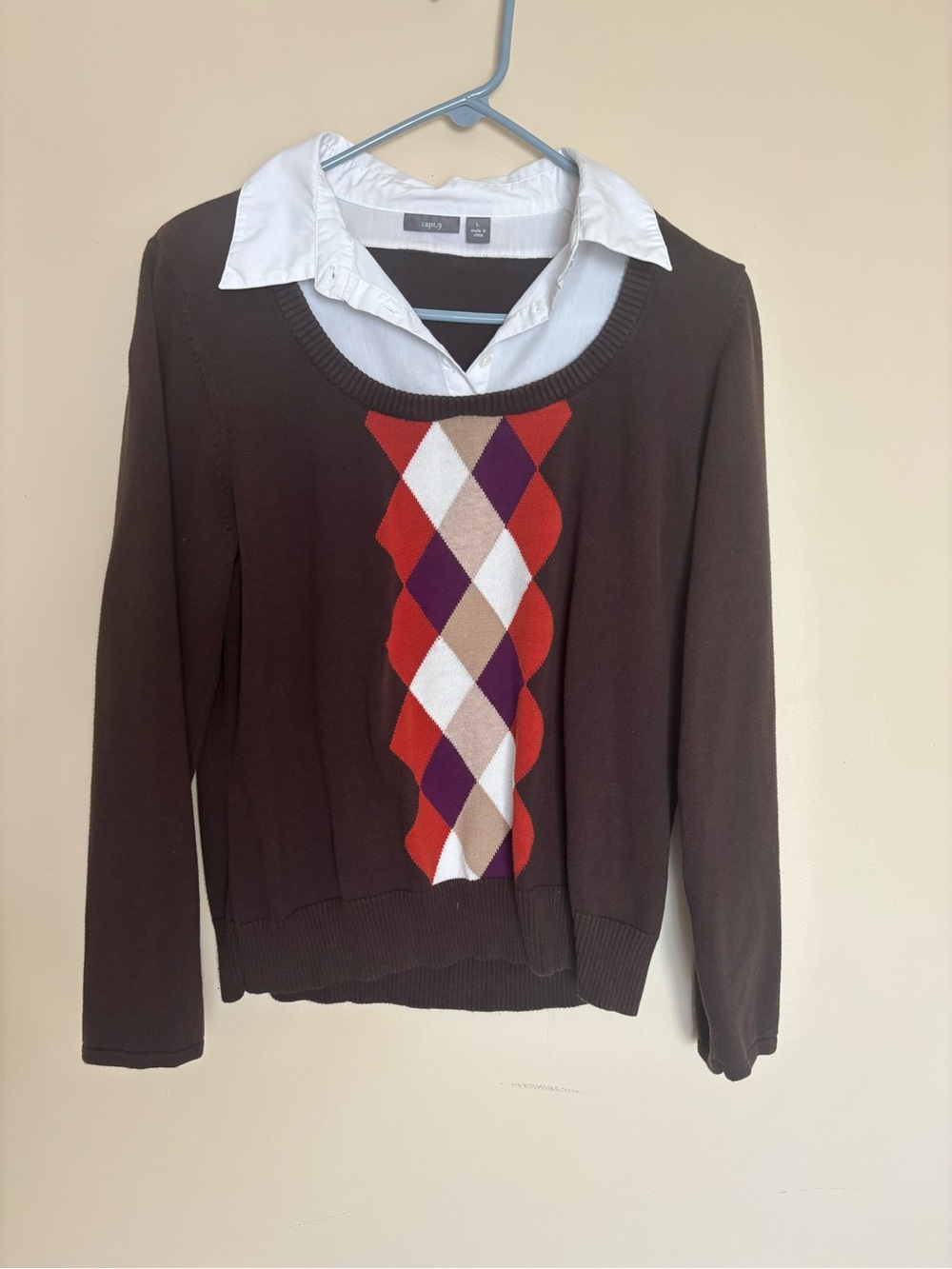 Apt. 9 Brown Sweater Top with Red & Purple Argyle Front
